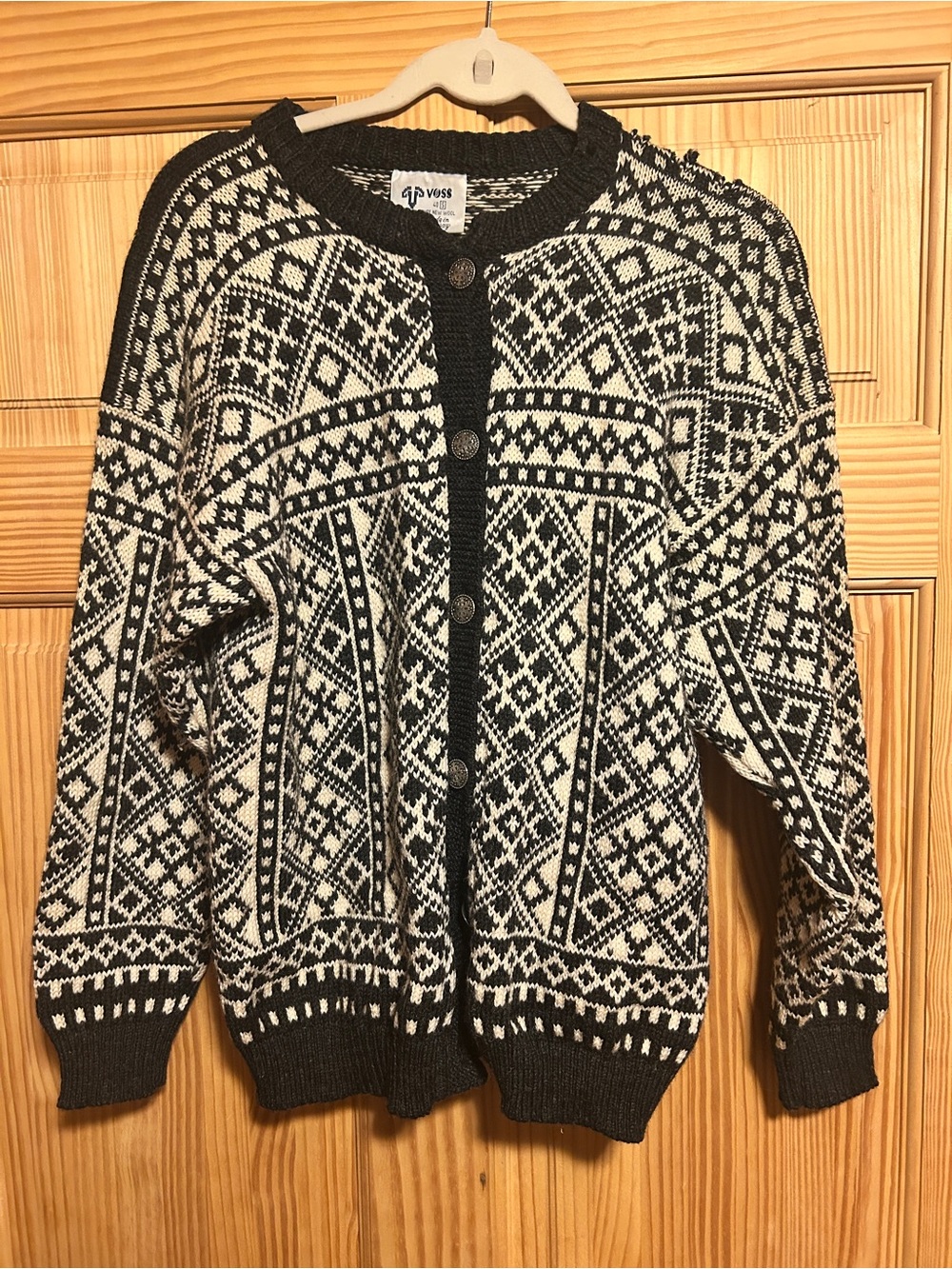 Vintage Black & White Patterned Wool Cardigan Sweater